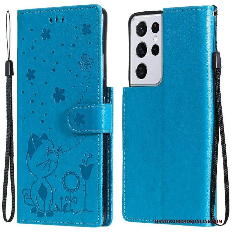 Folio Cover Samsung Galaxy S21 Ultra 5G Gatto E Ape Con Cordino