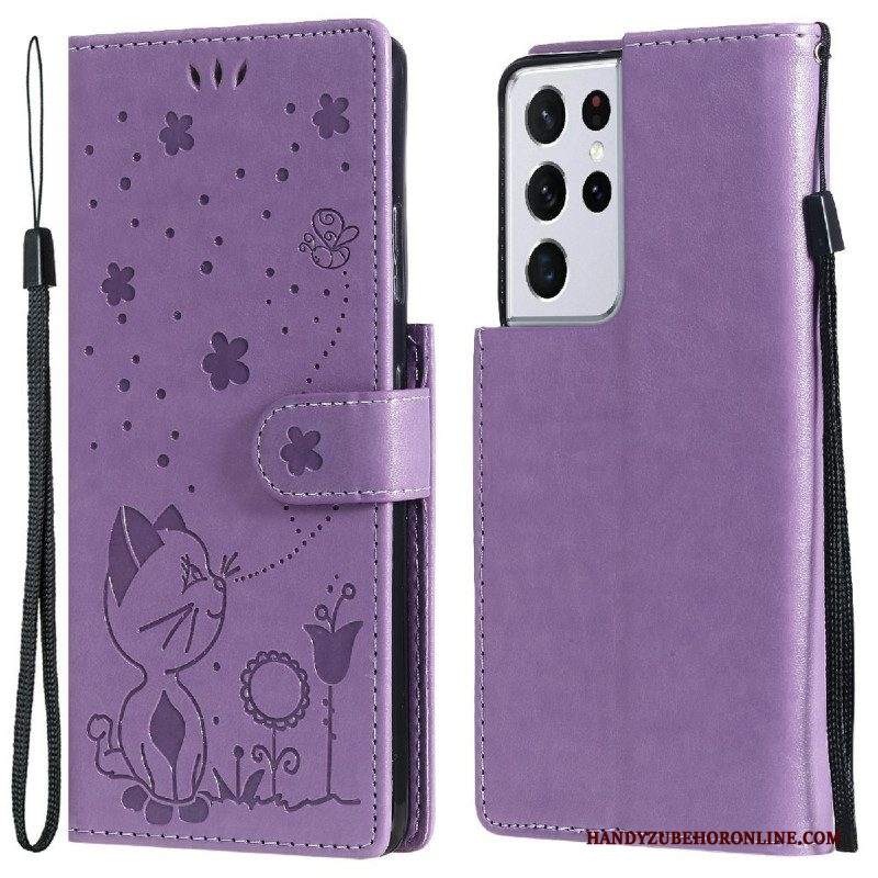 Folio Cover Samsung Galaxy S21 Ultra 5G Gatto E Ape Con Cordino