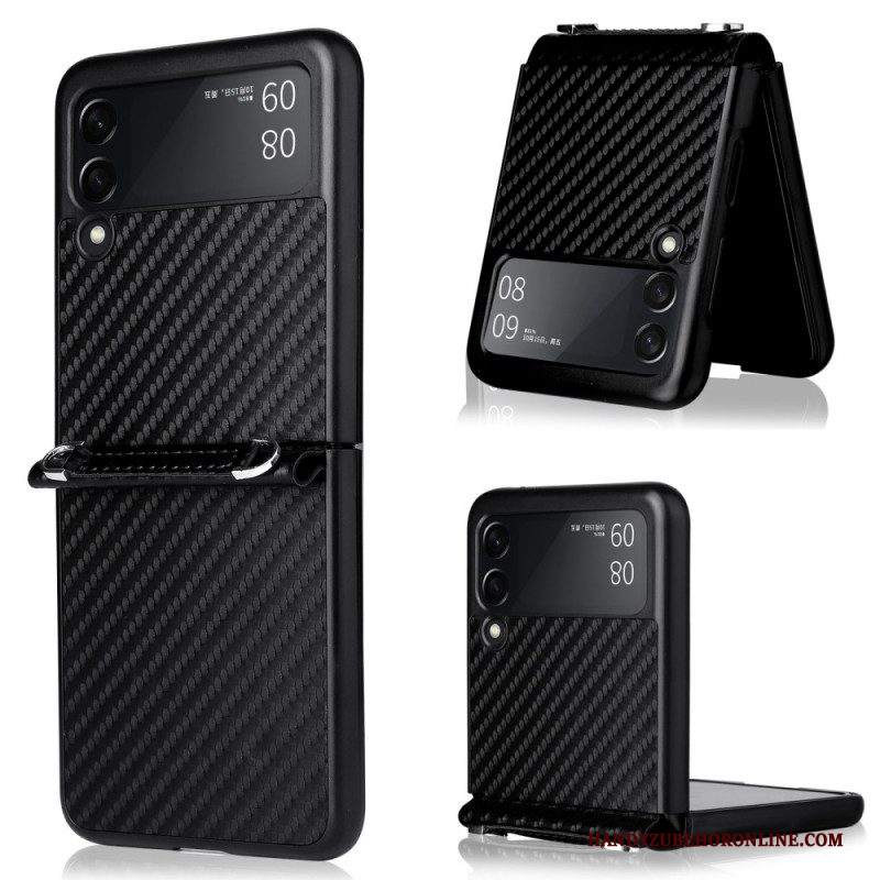 Folio Cover Samsung Galaxy Z Flip 3 5G Custodia in pelle Fibra Di Carbonio Con Cordino