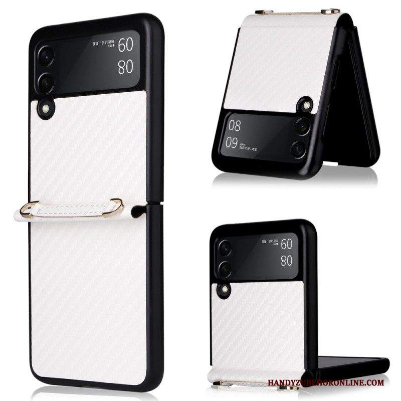 Folio Cover Samsung Galaxy Z Flip 3 5G Custodia in pelle Fibra Di Carbonio Con Cordino