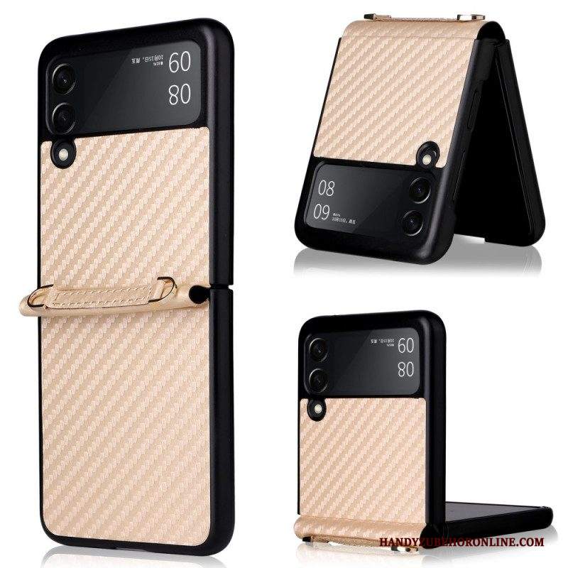 Folio Cover Samsung Galaxy Z Flip 3 5G Custodia in pelle Fibra Di Carbonio Con Cordino