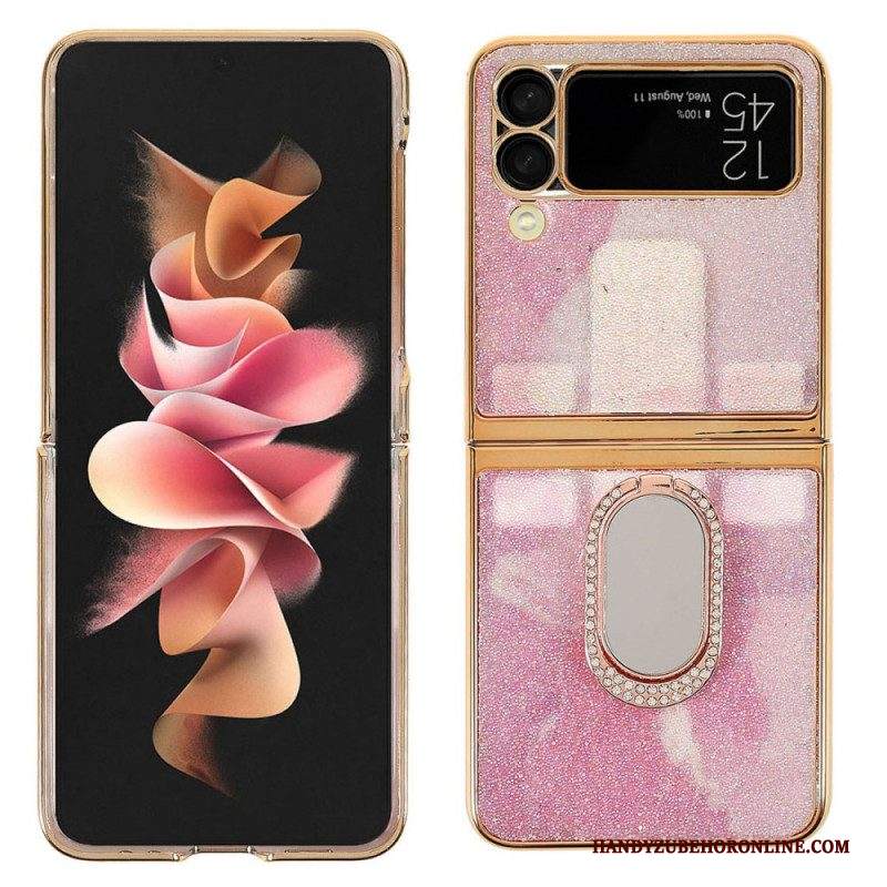 Folio Cover Samsung Galaxy Z Flip 3 5G Custodia in pelle Pietre Fantasia Con Anello-supporto