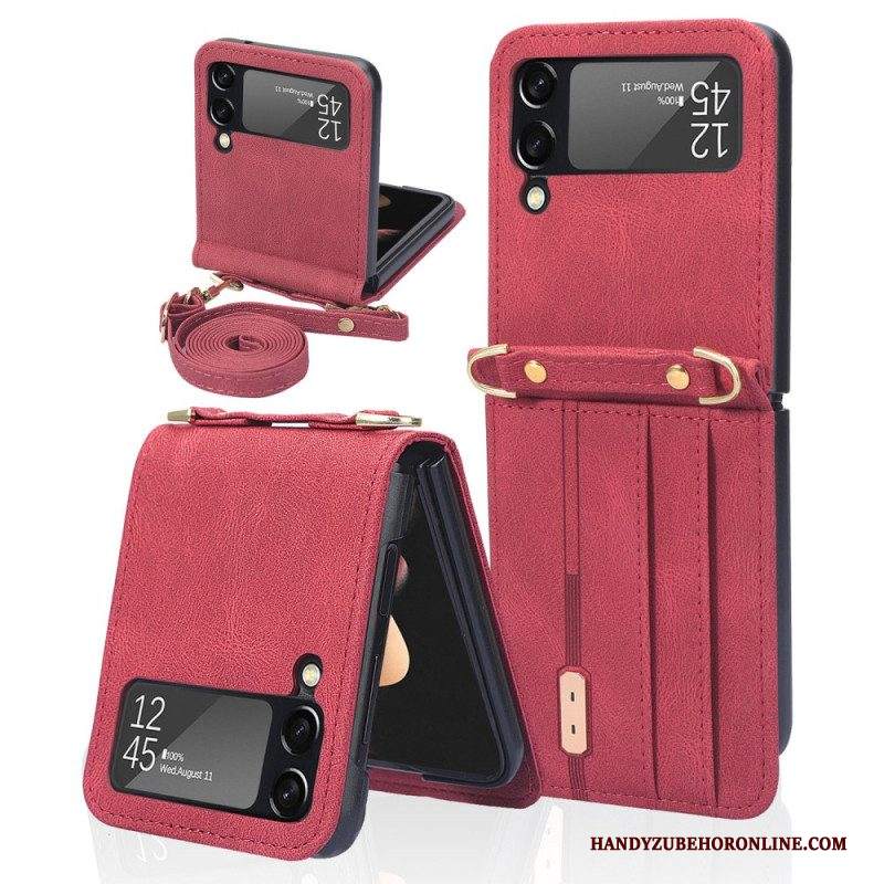 Folio Cover Samsung Galaxy Z Flip 3 5G Custodia in pelle Portacarte E Cordino In Pelle Stile