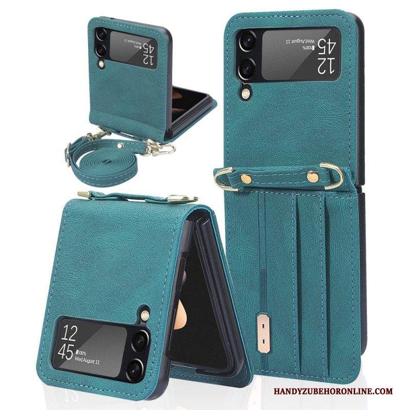 Folio Cover Samsung Galaxy Z Flip 3 5G Custodia in pelle Portacarte E Cordino In Pelle Stile