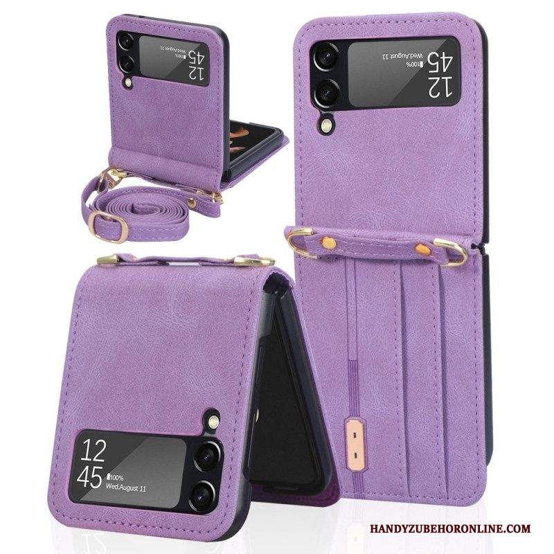 Folio Cover Samsung Galaxy Z Flip 3 5G Custodia in pelle Portacarte E Cordino In Pelle Stile