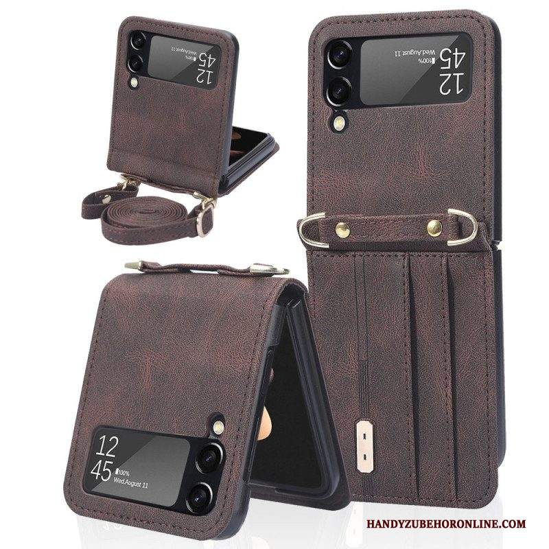 Folio Cover Samsung Galaxy Z Flip 3 5G Custodia in pelle Portacarte E Cordino In Pelle Stile