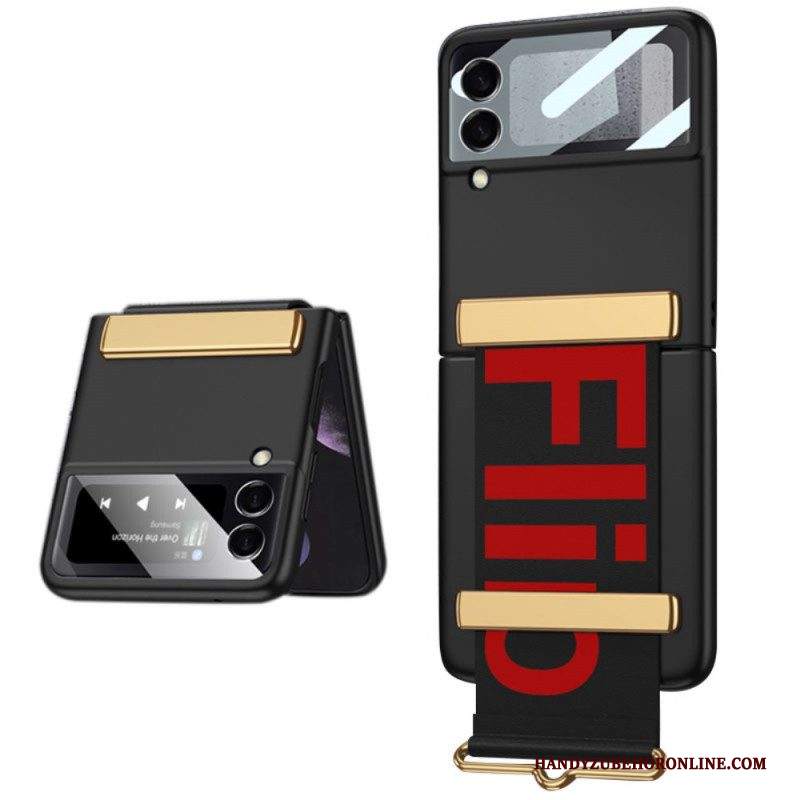 Folio Cover Samsung Galaxy Z Flip 3 5G Custodia in pelle Vetro Temperato E Cinturino Lettere Gkk