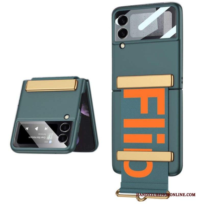 Folio Cover Samsung Galaxy Z Flip 3 5G Custodia in pelle Vetro Temperato E Cinturino Lettere Gkk