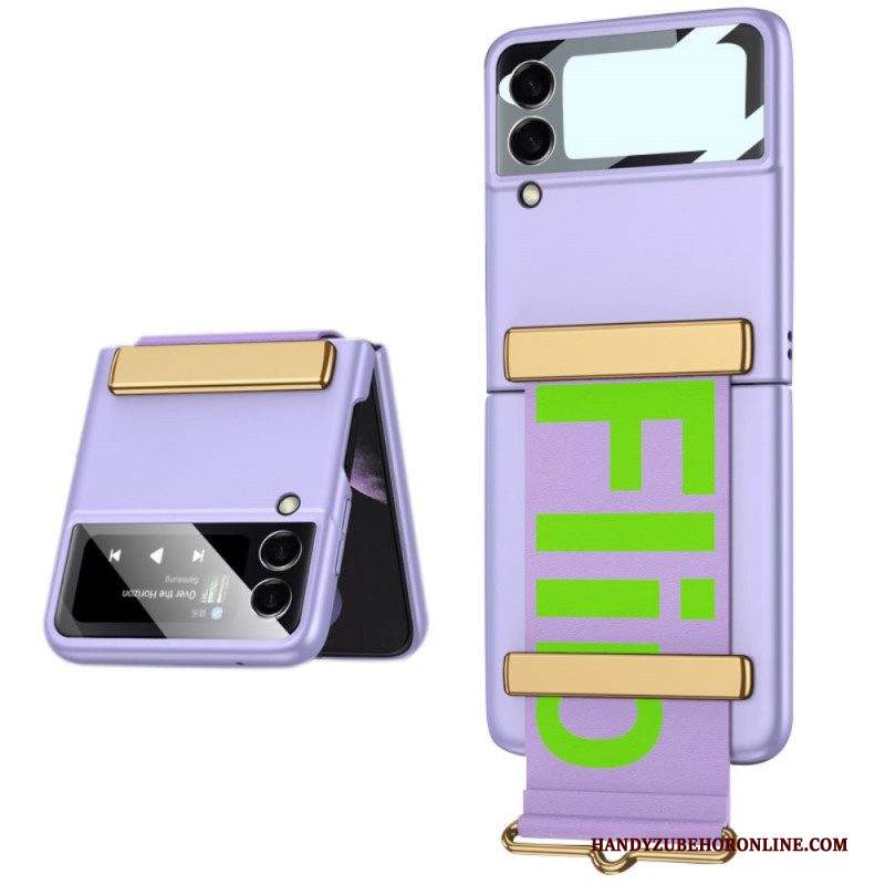 Folio Cover Samsung Galaxy Z Flip 3 5G Custodia in pelle Vetro Temperato E Cinturino Lettere Gkk