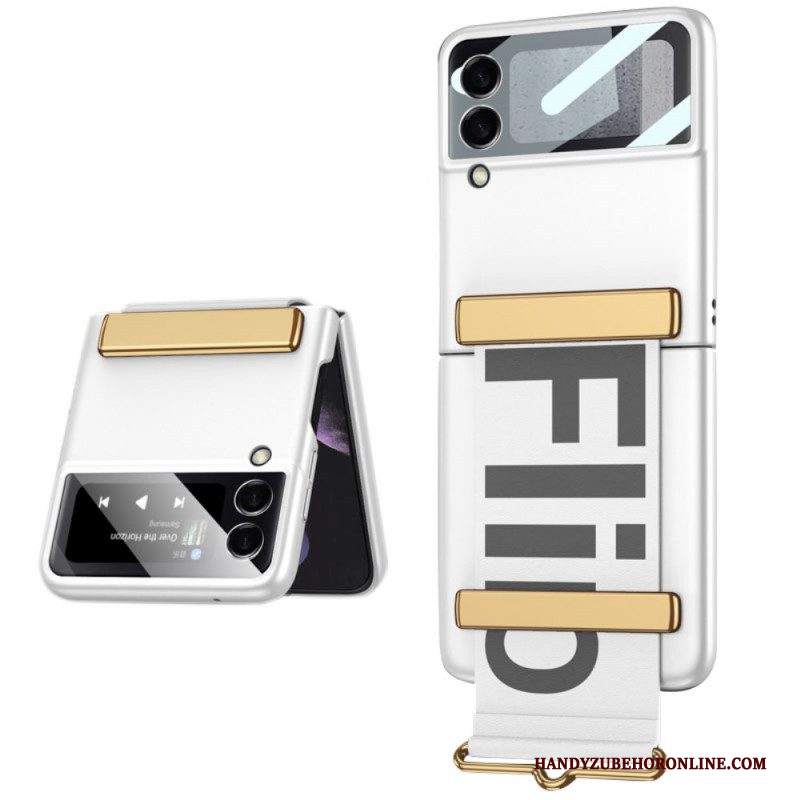 Folio Cover Samsung Galaxy Z Flip 3 5G Custodia in pelle Vetro Temperato E Cinturino Lettere Gkk