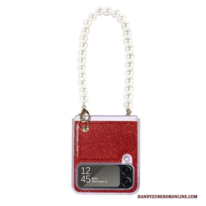 Folio Cover Samsung Galaxy Z Flip 4 Custodia in pelle Cinturino Con Perline Di Paillettes