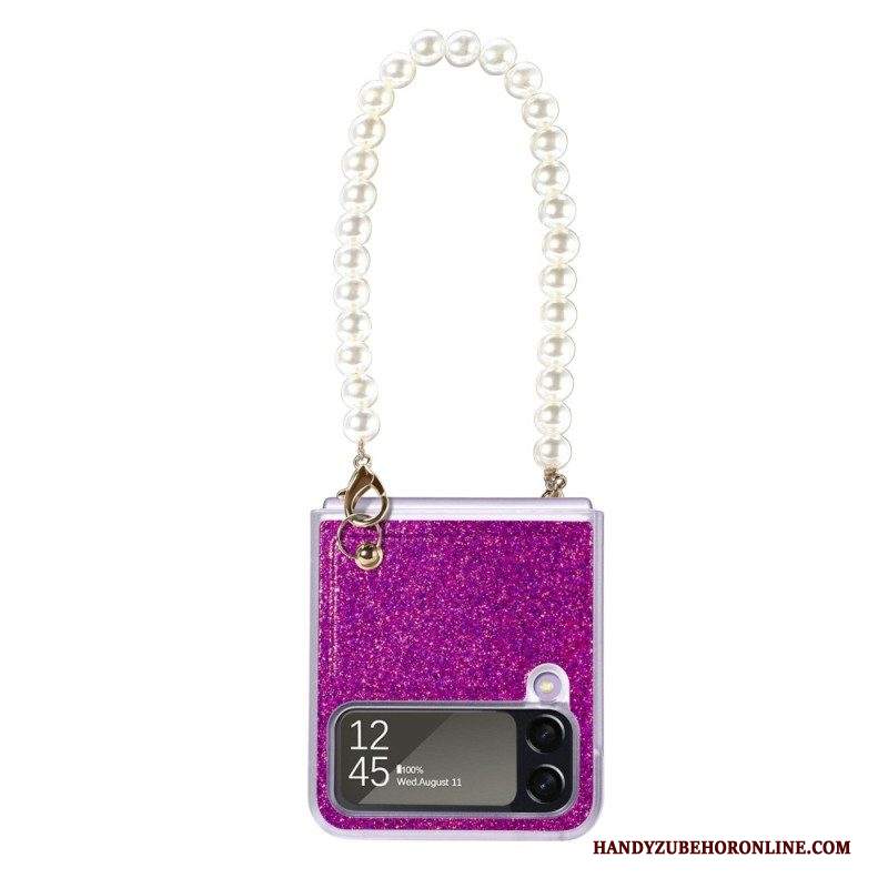 Folio Cover Samsung Galaxy Z Flip 4 Custodia in pelle Cinturino Con Perline Di Paillettes