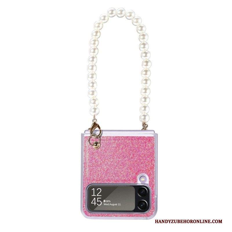 Folio Cover Samsung Galaxy Z Flip 4 Custodia in pelle Cinturino Con Perline Di Paillettes