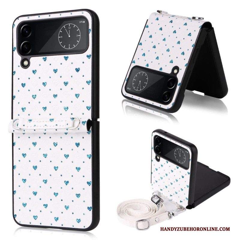 Folio Cover Samsung Galaxy Z Flip 4 Custodia in pelle Cuori Multipli E Tracolla