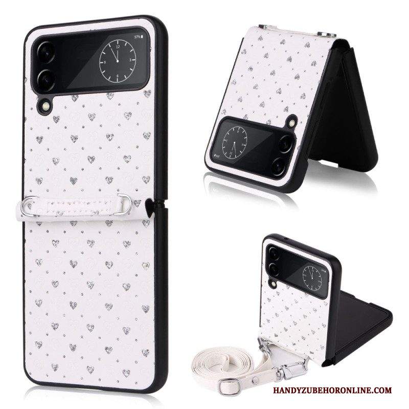 Folio Cover Samsung Galaxy Z Flip 4 Custodia in pelle Cuori Multipli E Tracolla