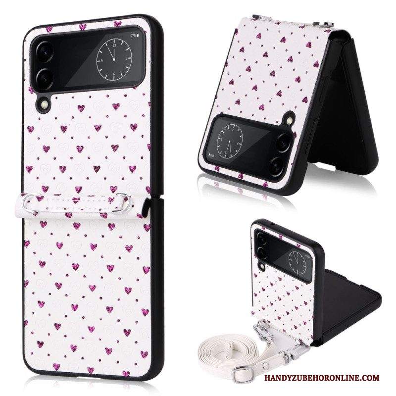 Folio Cover Samsung Galaxy Z Flip 4 Custodia in pelle Cuori Multipli E Tracolla