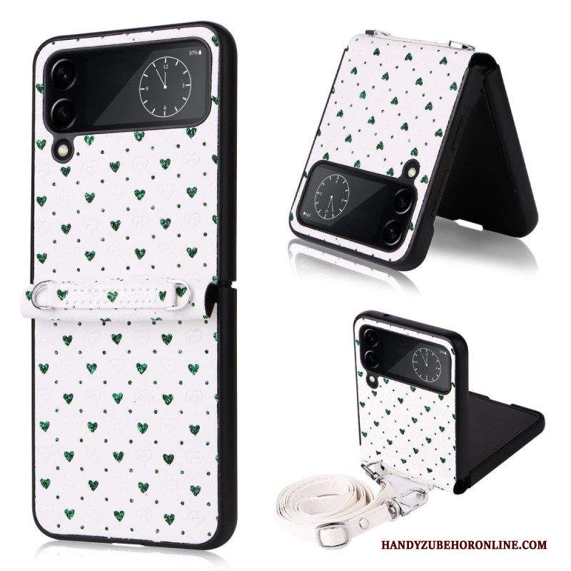 Folio Cover Samsung Galaxy Z Flip 4 Custodia in pelle Cuori Multipli E Tracolla