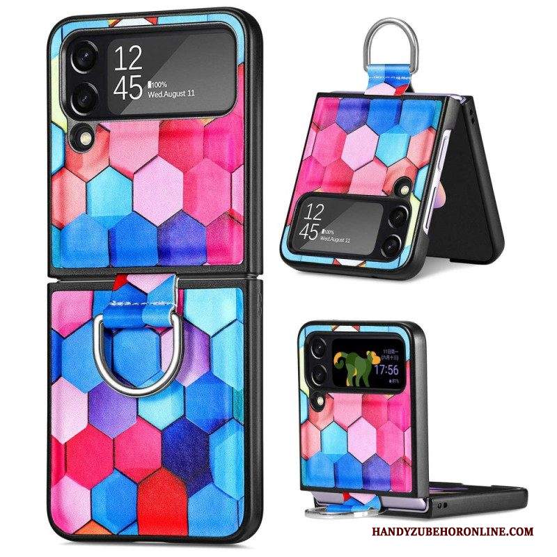 Folio Cover Samsung Galaxy Z Flip 4 Custodia in pelle Fantasia Con Anello Caseneo