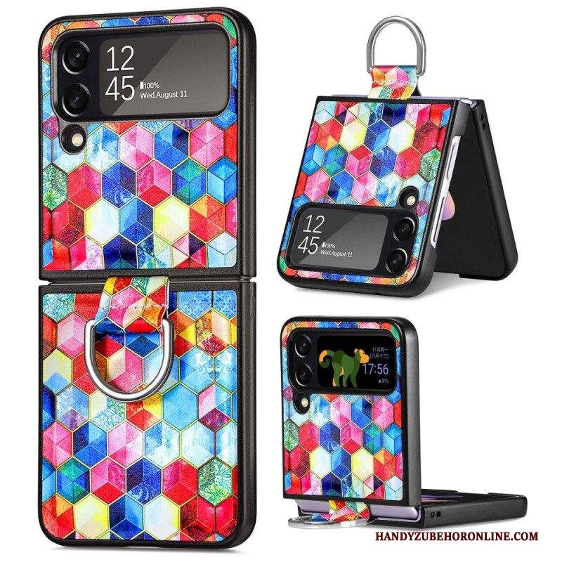 Folio Cover Samsung Galaxy Z Flip 4 Custodia in pelle Fantasia Con Anello Caseneo