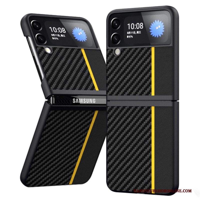 Folio Cover Samsung Galaxy Z Flip 4 Custodia in pelle Linea In Fibra Di Carbonio