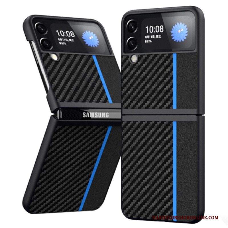 Folio Cover Samsung Galaxy Z Flip 4 Custodia in pelle Linea In Fibra Di Carbonio