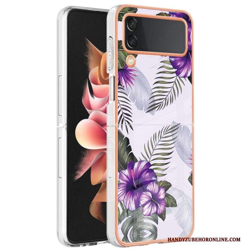 Folio Cover Samsung Galaxy Z Flip 4 Custodia in pelle Marmo Floreale