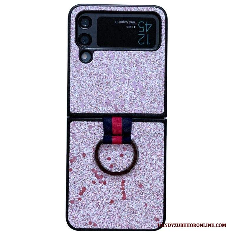 Folio Cover Samsung Galaxy Z Flip 4 Custodia in pelle Paillettes Con Anello