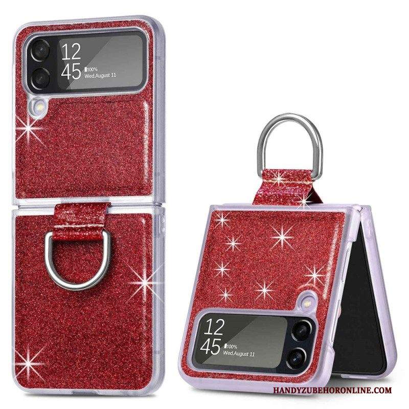 Folio Cover Samsung Galaxy Z Flip 4 Custodia in pelle Paillettes E Anello