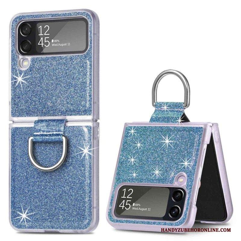 Folio Cover Samsung Galaxy Z Flip 4 Custodia in pelle Paillettes E Anello