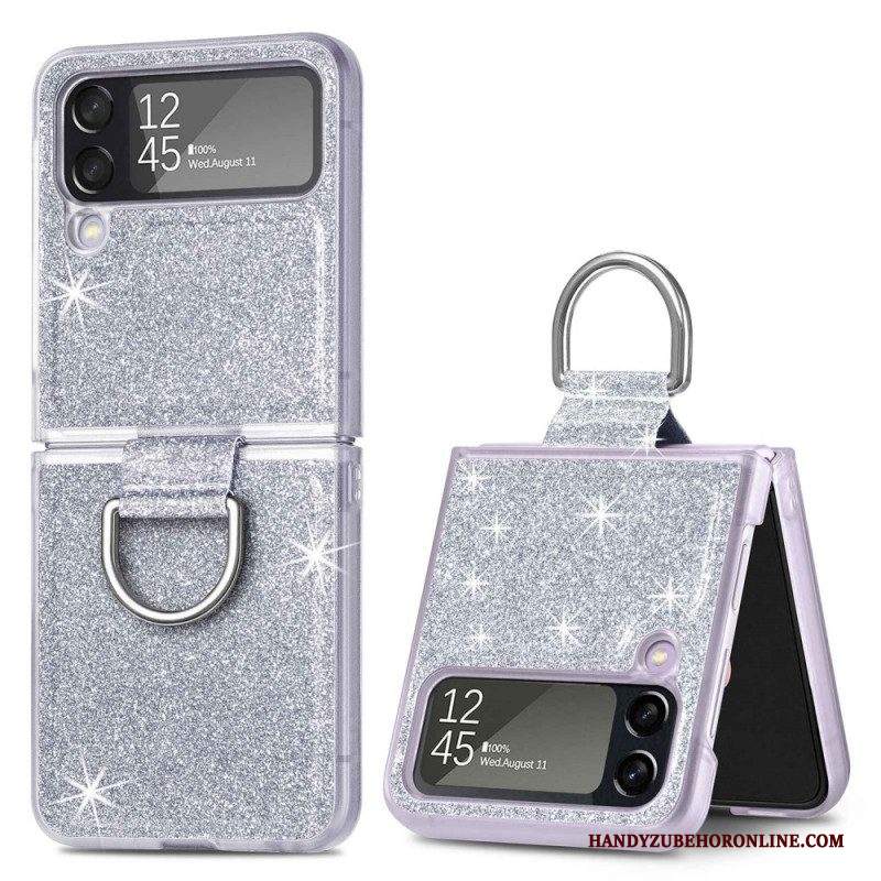 Folio Cover Samsung Galaxy Z Flip 4 Custodia in pelle Paillettes E Anello