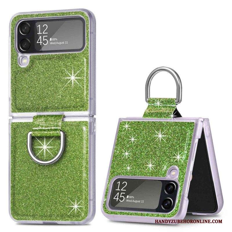 Folio Cover Samsung Galaxy Z Flip 4 Custodia in pelle Paillettes E Anello