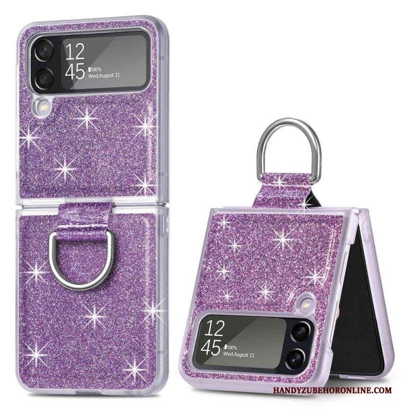 Folio Cover Samsung Galaxy Z Flip 4 Custodia in pelle Paillettes E Anello