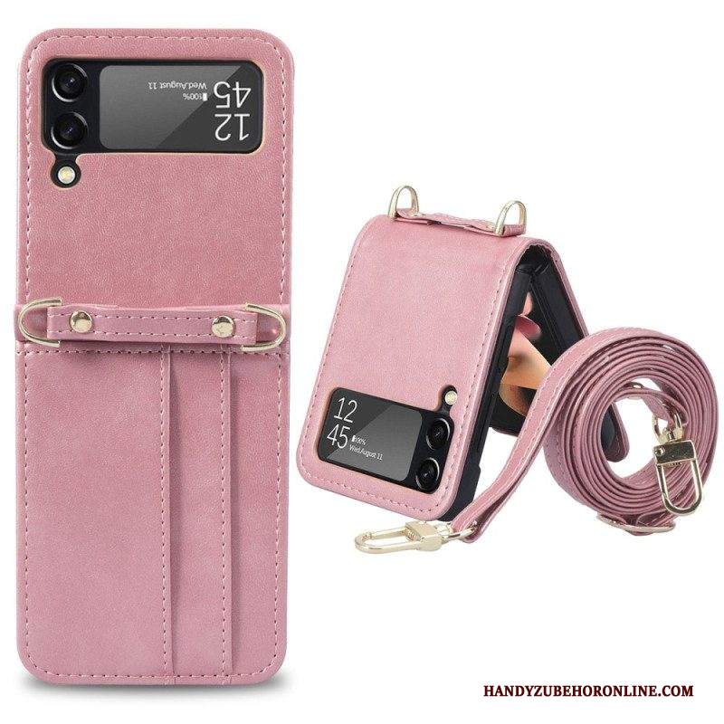 Folio Cover Samsung Galaxy Z Flip 4 Custodia in pelle Portacarte E Cordino In Pelle Stile