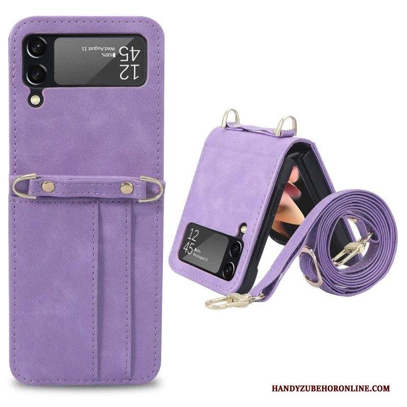 Folio Cover Samsung Galaxy Z Flip 4 Custodia in pelle Portacarte E Cordino In Pelle Stile