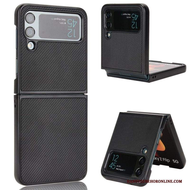 Folio Cover Samsung Galaxy Z Flip 4 Custodia in pelle Texture In Fibra Di Carbonio Effetto Pelle