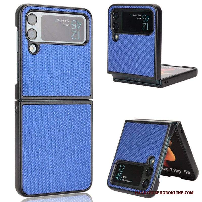 Folio Cover Samsung Galaxy Z Flip 4 Custodia in pelle Texture In Fibra Di Carbonio Effetto Pelle