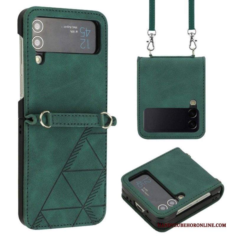 Folio Cover Samsung Galaxy Z Flip 4 Custodia in pelle Triangoli Con Tracolla