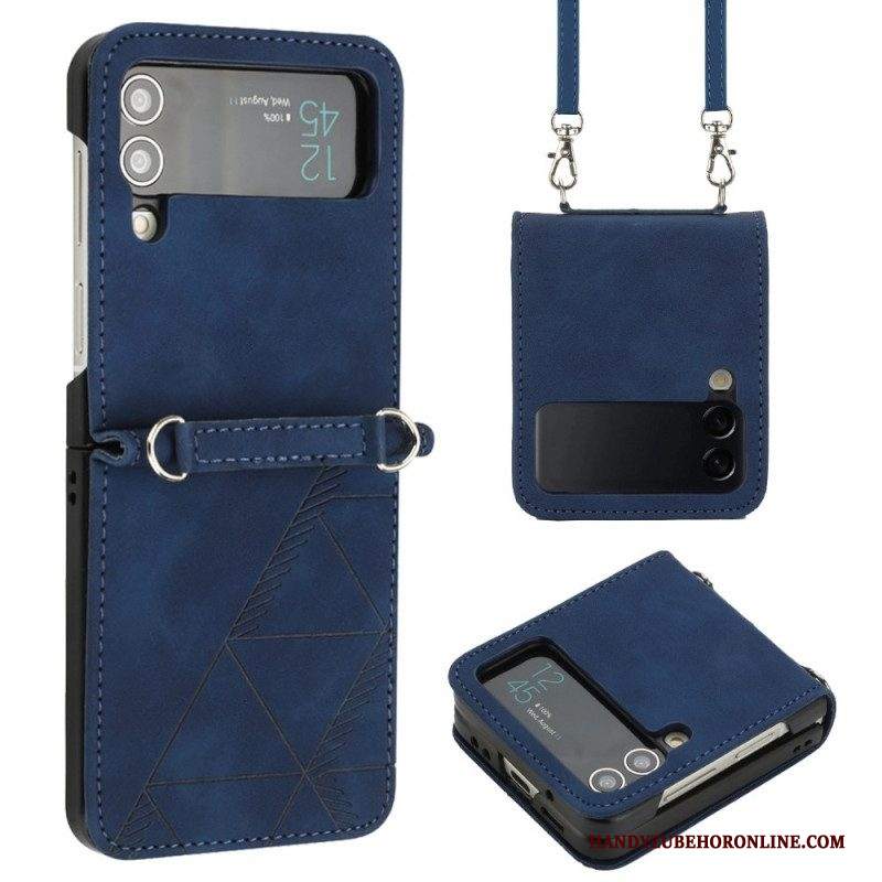 Folio Cover Samsung Galaxy Z Flip 4 Custodia in pelle Triangoli Con Tracolla