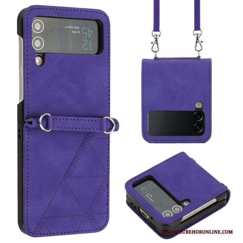 Folio Cover Samsung Galaxy Z Flip 4 Custodia in pelle Triangoli Con Tracolla