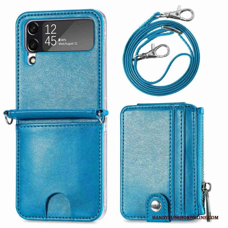 Folio Cover Samsung Galaxy Z Flip 4 Portafoglio Custodia in pelle Portafoglio Con Tracolla