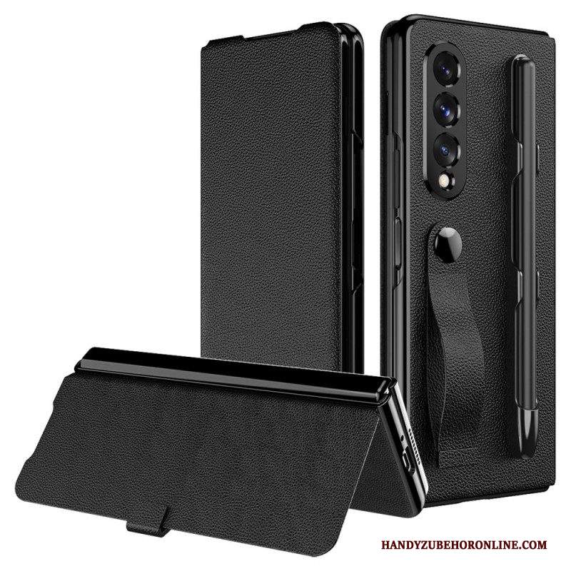 Folio Cover Samsung Galaxy Z Fold 3 5G Custodia in pelle Porta Stilo E Cinturino In Pelle Stile Litchi