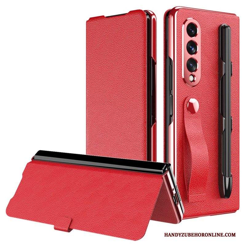 Folio Cover Samsung Galaxy Z Fold 3 5G Custodia in pelle Porta Stilo E Cinturino In Pelle Stile Litchi