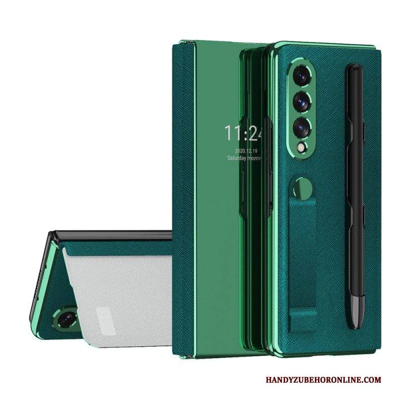 Folio Cover Samsung Galaxy Z Fold 3 5G Custodia in pelle Portapenne A Specchio E Tracolla