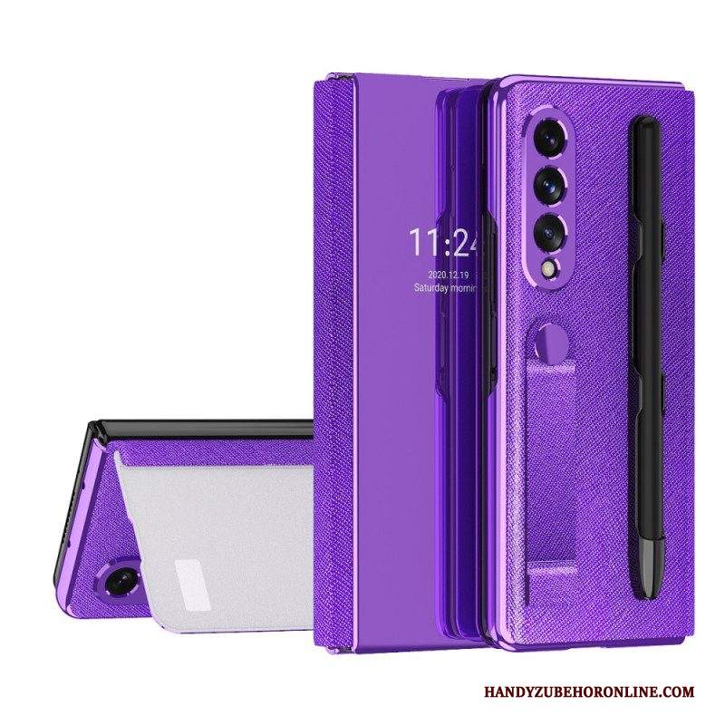 Folio Cover Samsung Galaxy Z Fold 3 5G Custodia in pelle Portapenne A Specchio E Tracolla