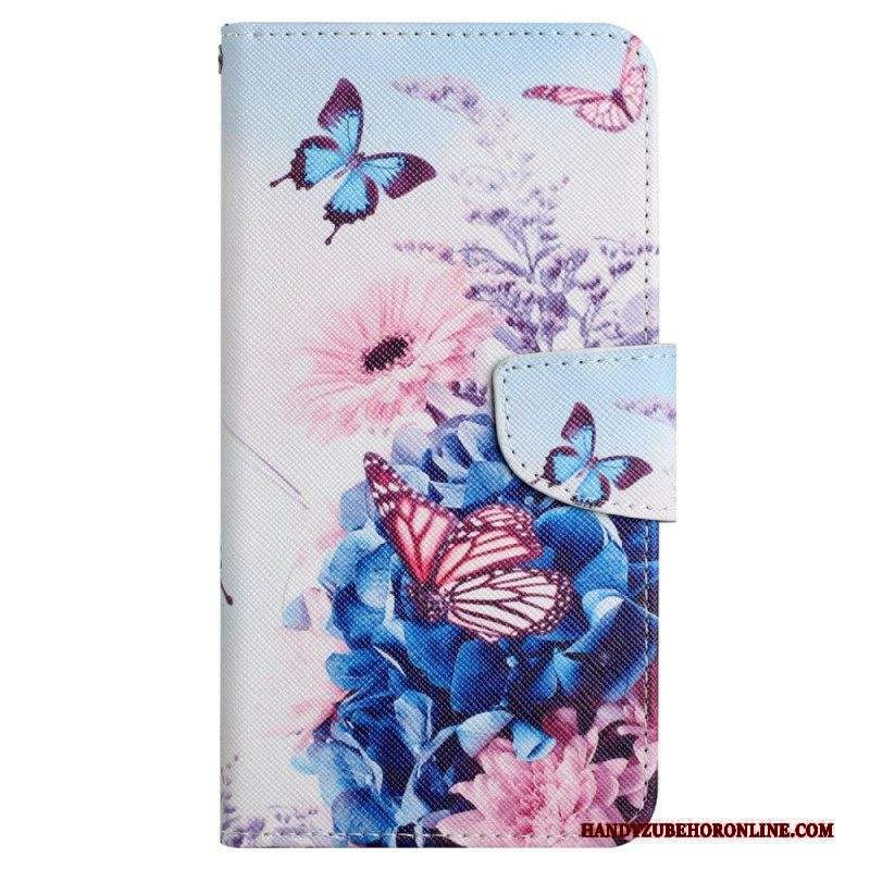 Folio Cover Xiaomi 12T / 12T Pro Farfalle Di Fiori Con Cordino