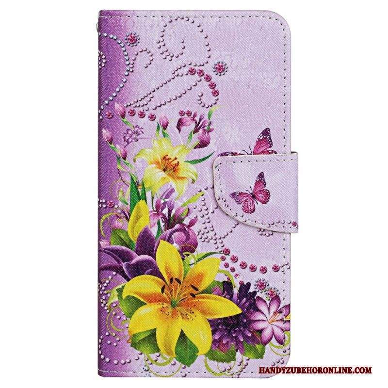 Folio Cover Xiaomi 12T / 12T Pro Farfalle Di Fiori Con Cordino