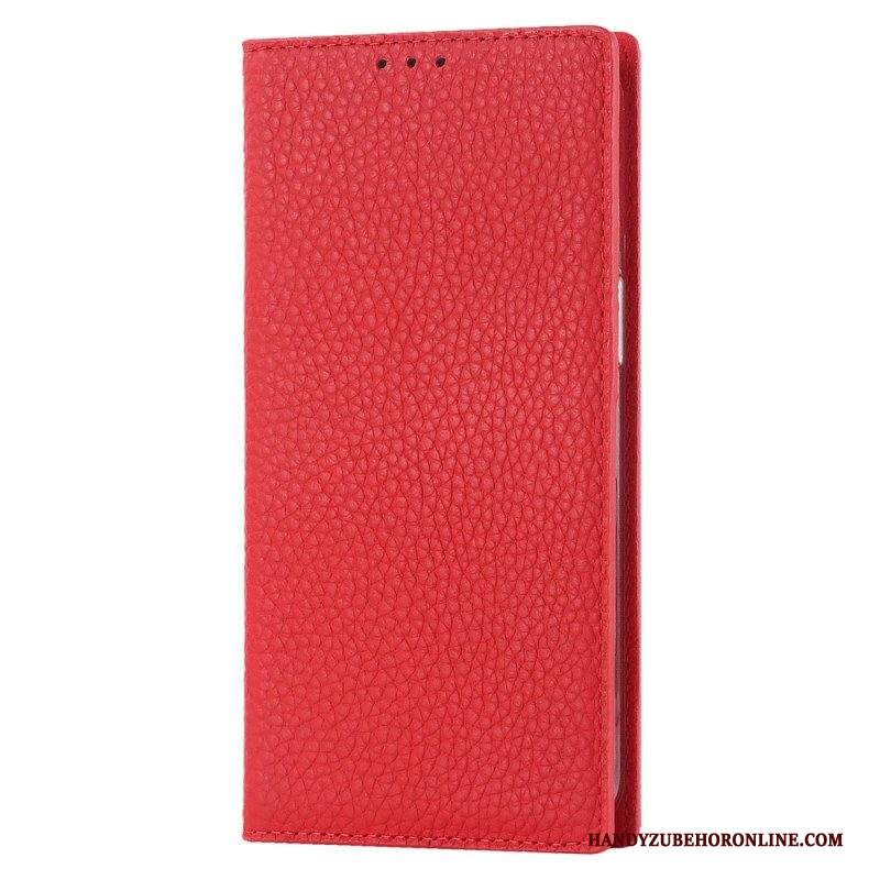 Folio Cover iPhone 14 Custodia in pelle Cinturino In Vera Pelle Di Litchi