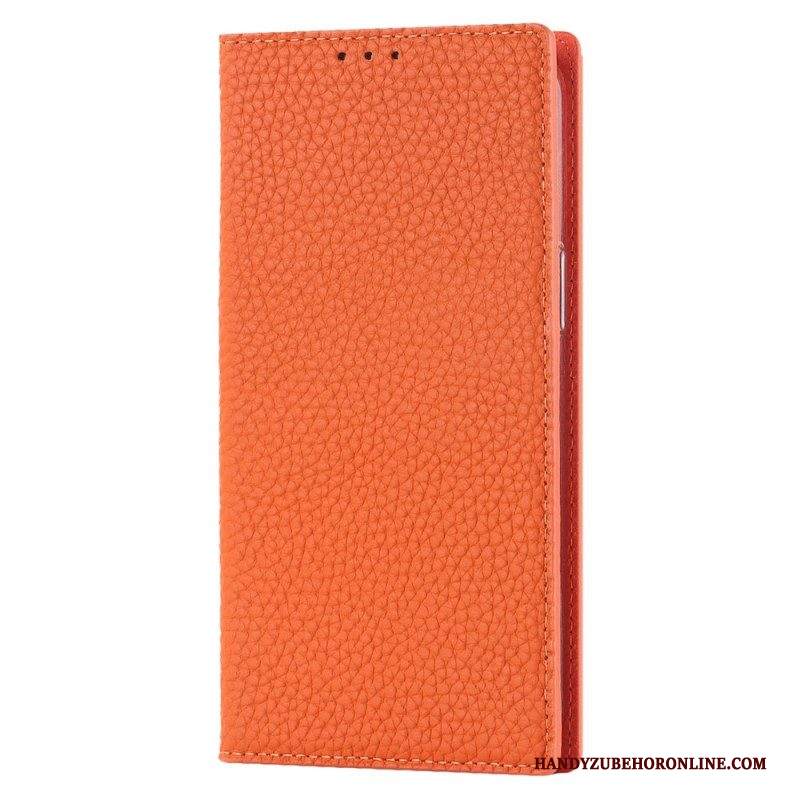 Folio Cover iPhone 14 Custodia in pelle Cinturino In Vera Pelle Di Litchi