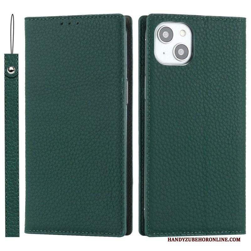 Folio Cover iPhone 14 Plus Custodia in pelle Cinturino In Vera Pelle Di Litchi