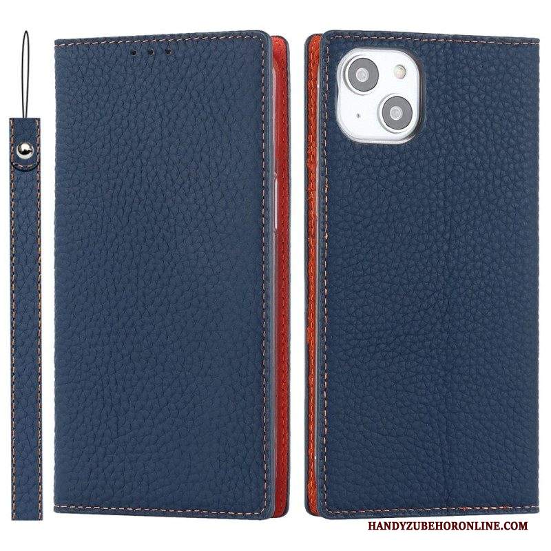 Folio Cover iPhone 14 Plus Custodia in pelle Cinturino In Vera Pelle Di Litchi